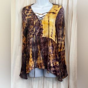 Umgee Tie-Dye Bell Sleeve Top with Drawstring Neckline
